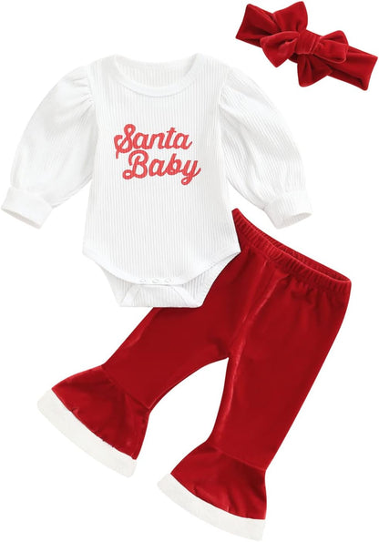 Newborn Baby Girls Christmas Outfits Long Sleeve Solid Color Romper Velvet Flared Pants with Headband Fall Winter Clothes