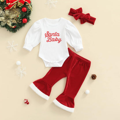 Newborn Baby Girls Christmas Outfits Long Sleeve Solid Color Romper Velvet Flared Pants with Headband Fall Winter Clothes