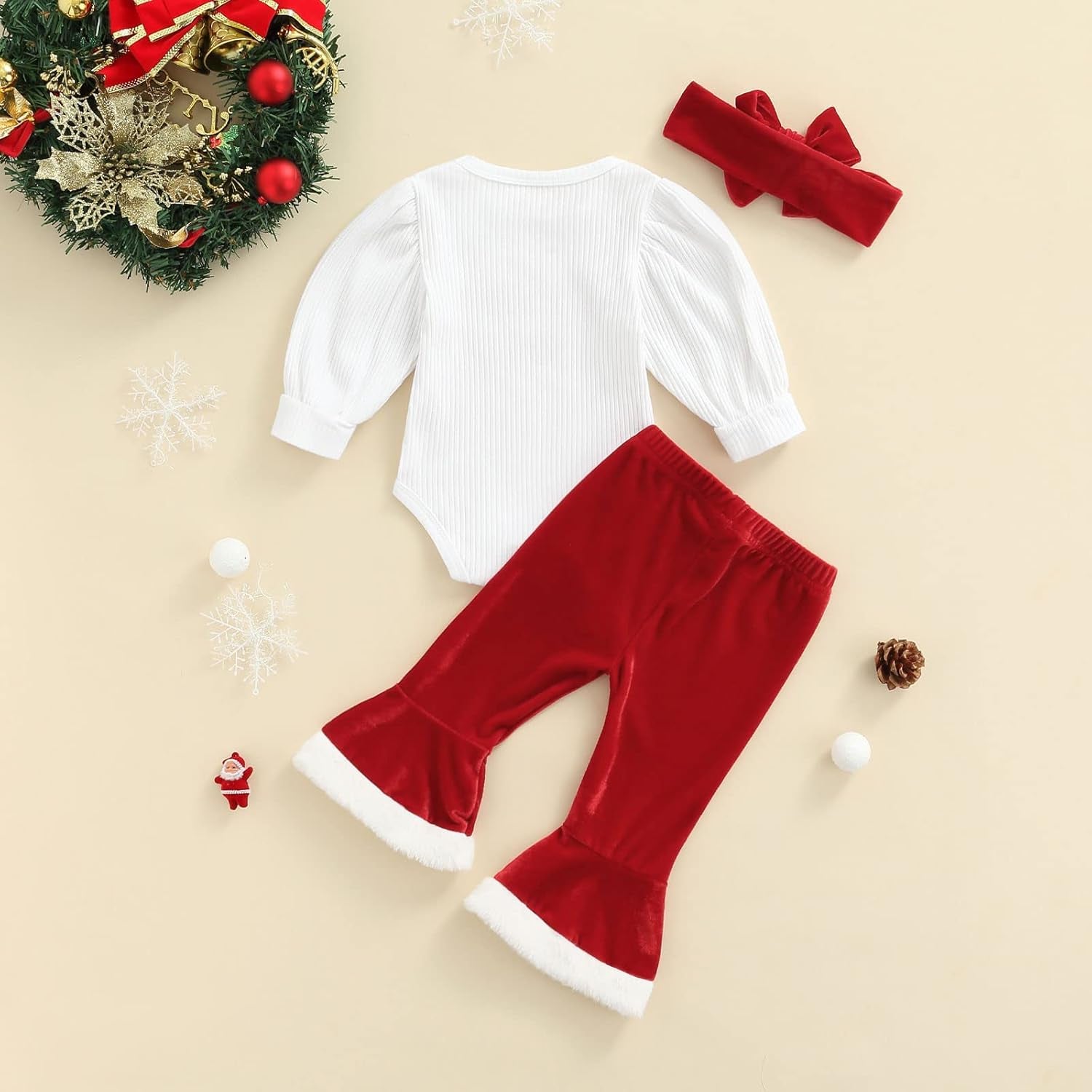 Newborn Baby Girls Christmas Outfits Long Sleeve Solid Color Romper Velvet Flared Pants with Headband Fall Winter Clothes